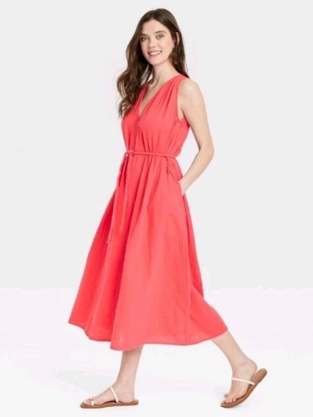 Cotton Sleeveless gauze Coral V-Neck Midi Dress with Waist Tie